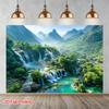 Lush Waterfall Landscape Tapestry, Serene Green Mountains, Cascading Falls and Turquoise River, Peaceful Nature Wall Art