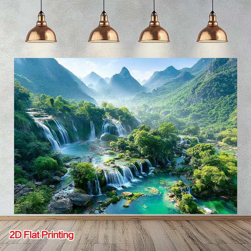 Lush Waterfall Landscape Tapestry, Serene Green Mountains, Cascading Falls and Turquoise River, Peaceful Nature Wall Art