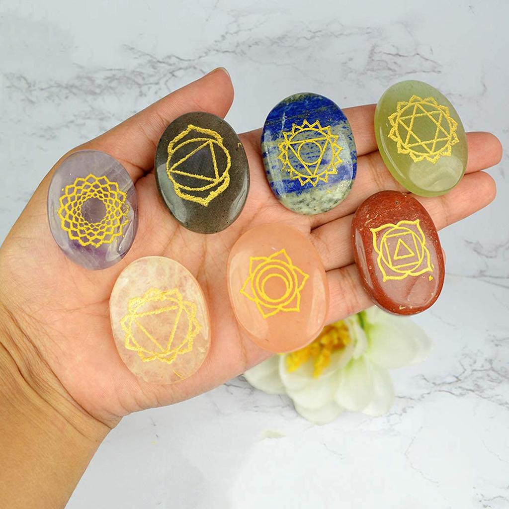 Reiki Crystal Products Certified 7 Chakra Symbol Engraved Set, Seven Chakra for Reiki Healing, Good Luck and Positive Energy, Prosperity, Money,