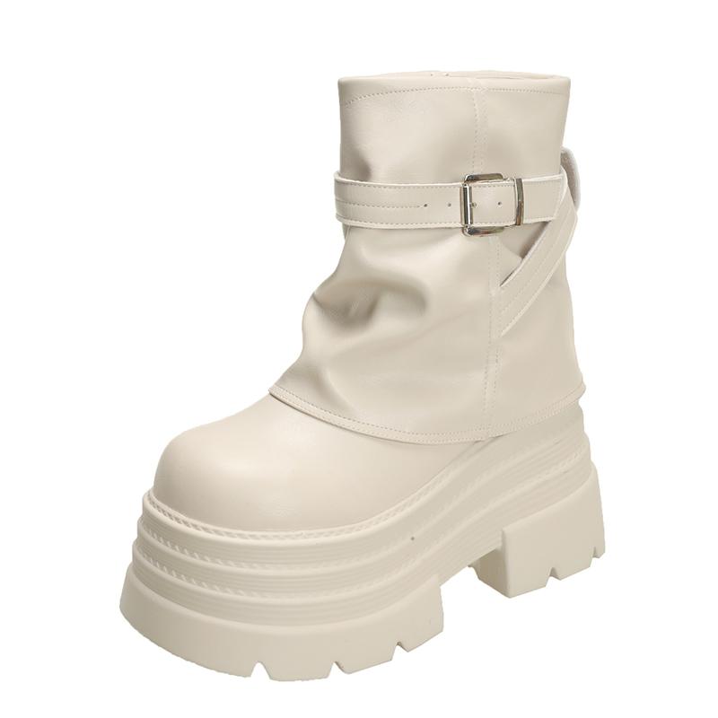 Fashion Women High Platform Ankle Boots Autumn Winter Gothic Style Leather Shoes Buckle Punk Motorcycle Boots Round Toe Chunky Sneakers