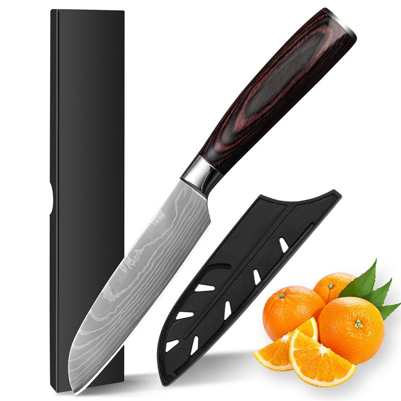 

5-дюймовый японский нож сантоку, кухонный нож шеф-повара с ножнами, ножи для чистки овощей, ножны и эргономичная рукоятка и подарочная коробка 5 inch