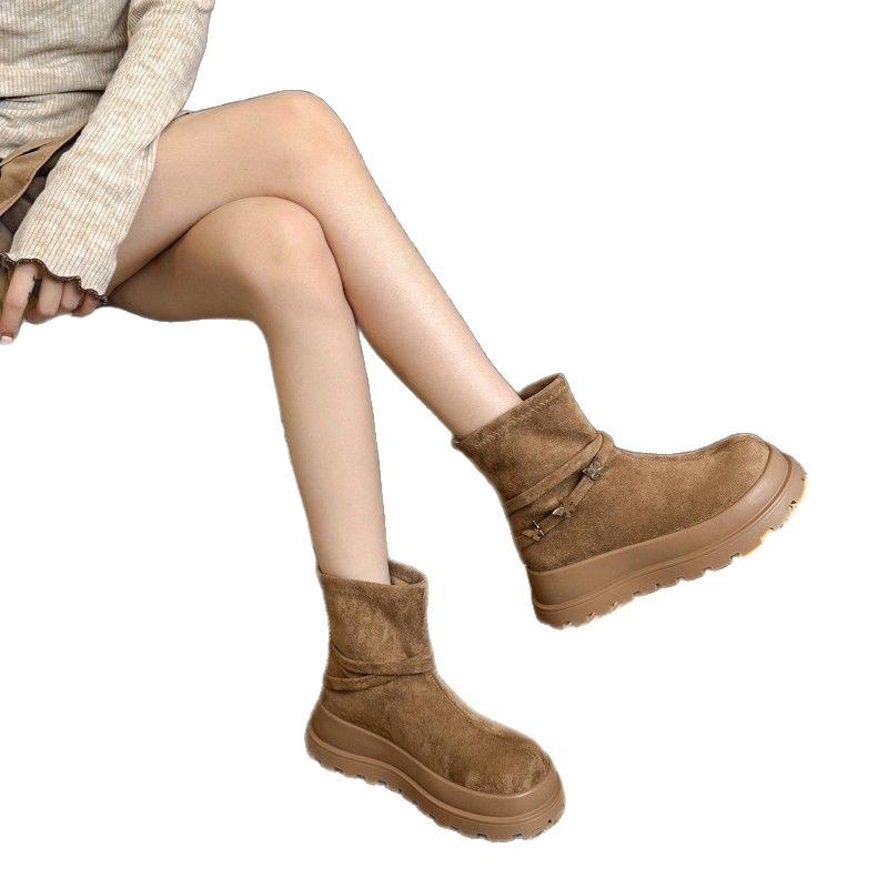 2025 Autumn New Round Head Thick Sole Heightening Short Martin Boots Women's Knight Boots Are Thin and the Zipper Is Super Foreign