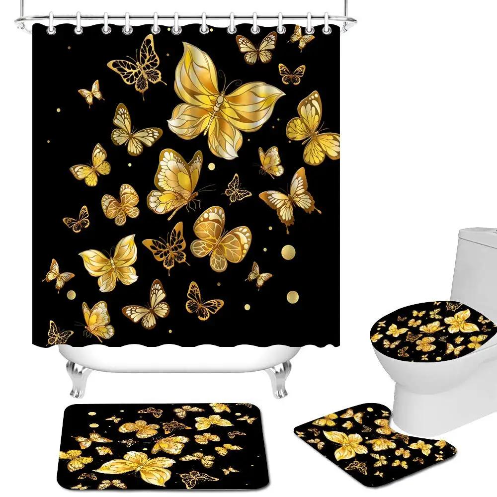 Big Butterfly Beautiful Polyester Shower Curtain Set Bathroom Set Waterproof Curtains Bath Mat Set Toilet Lid Cover 4 Pcs Decor