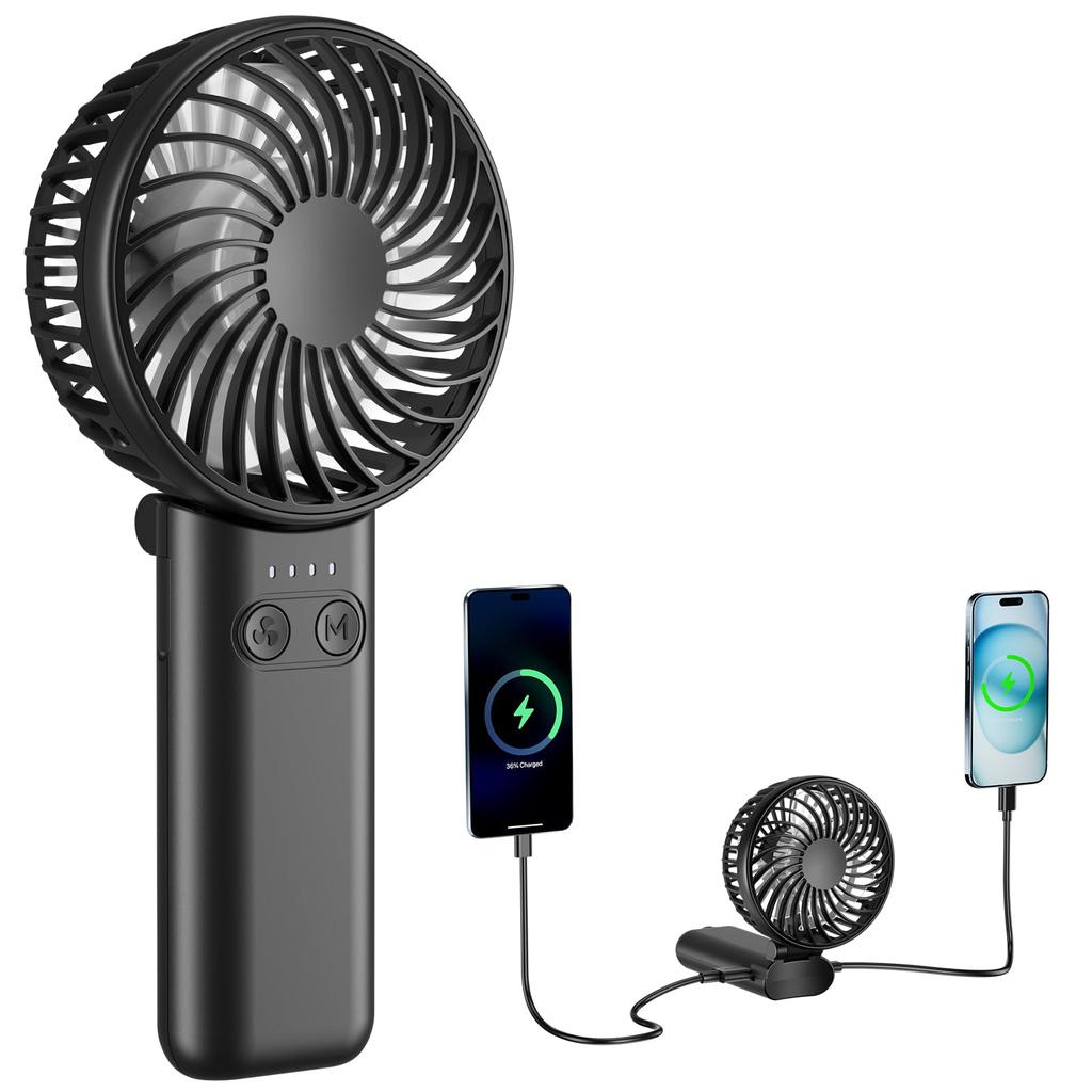HandFan Portable USB Up To 27 Hours of 5 Speed Heatstroke Black Fan, 5200mAh, Portable, Quiet, Rechargeable, Powerful, Type-C, Operation, Settings,