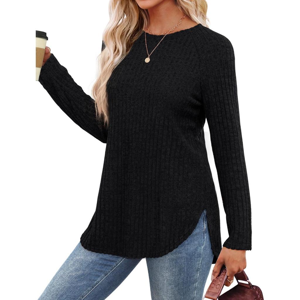 Women's Autumn New Loose Round Neck High and Low Curved Hem Top