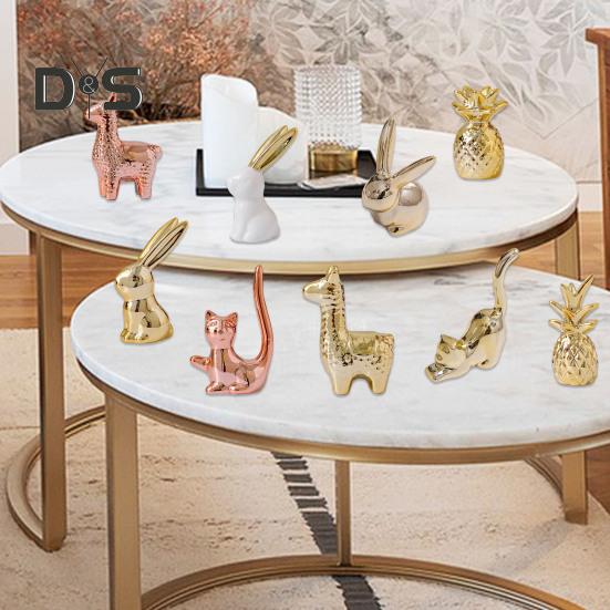 Mini Ceramic Animals Figurines Miniature Rabbit Cat Llama Pineapple Statue for Tabletop Mantel Desk Shelf Decor