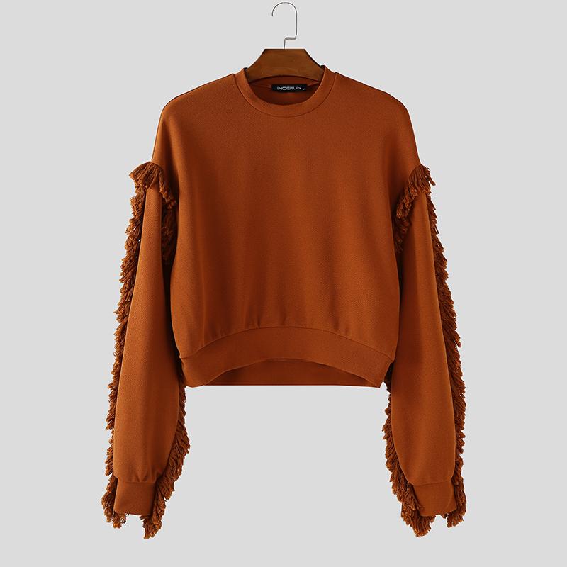 INCERUN Autumn Men Round Neck Long Sleeve Texture Tassel Hem Casual Cropped Pullover Tops