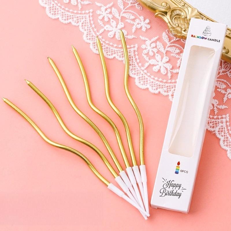 6pcs/lot Curve Birthday Candles, Cake Topper Decoration Pencil Candles,Golden Thread Slender Rod Candle for Party, Home Decor