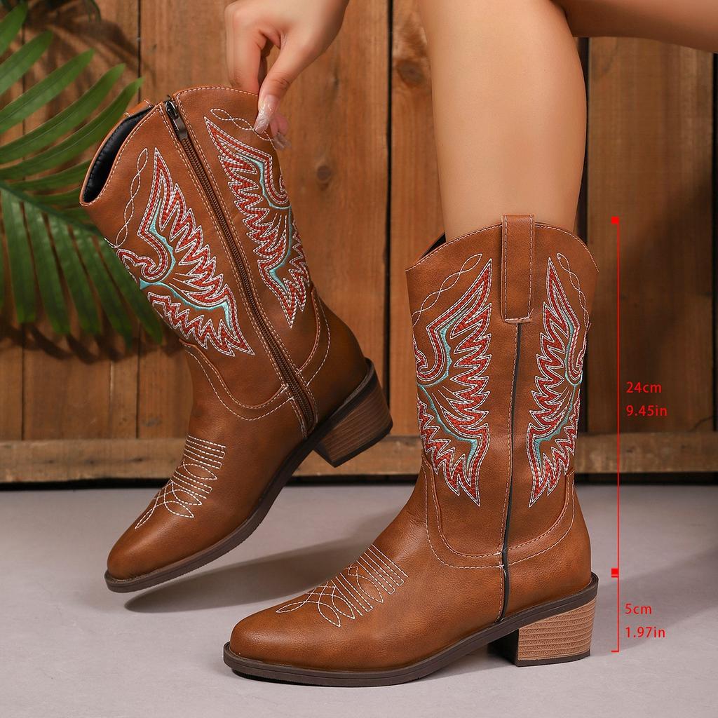 New large size embroidered fashion tall knight boots thick heel side zipper pointed western cowboy boots
