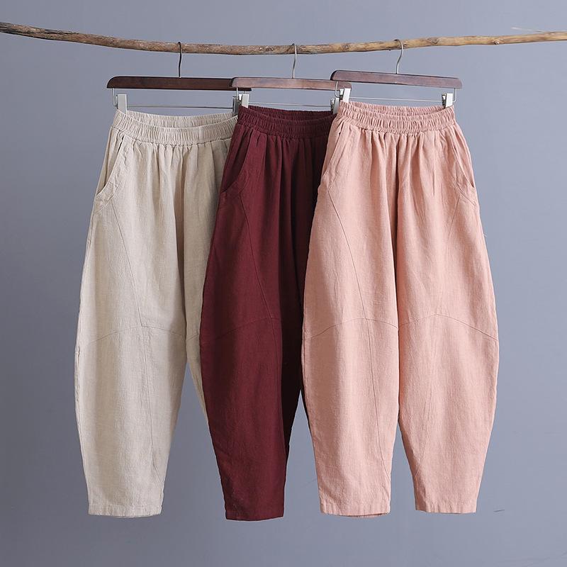 2025 Podzim Dámské Nadměrné Velikosti Retro Lněné Kalhoty na Jógu - Sešívané, Jednobarevné, Styl Zenové Meditace