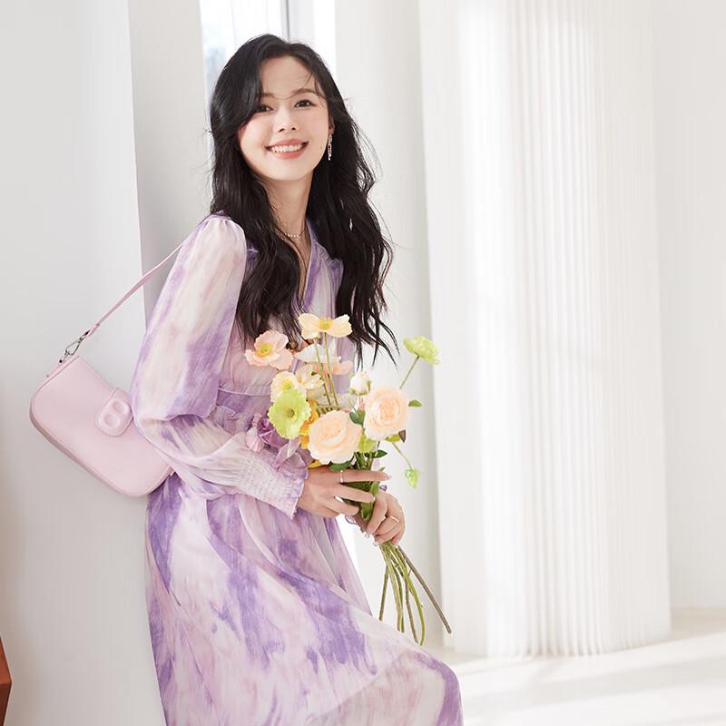 VICTORIA&VERA Women's Elegant Tie-Dye V-Neck Long Sleeve Dress