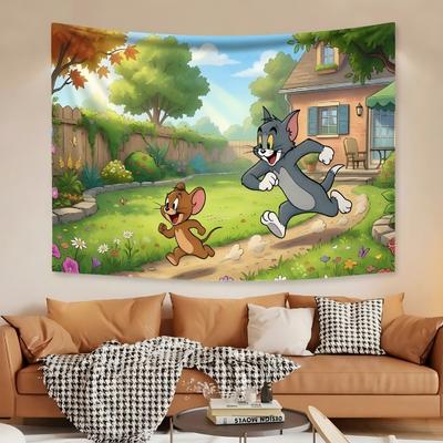 1pc Retro Cartoon Pet Pair Backyard Garden Large Tapestry Hanging Green Nature Decor For Kids Bedroom Dorm Fan Gift