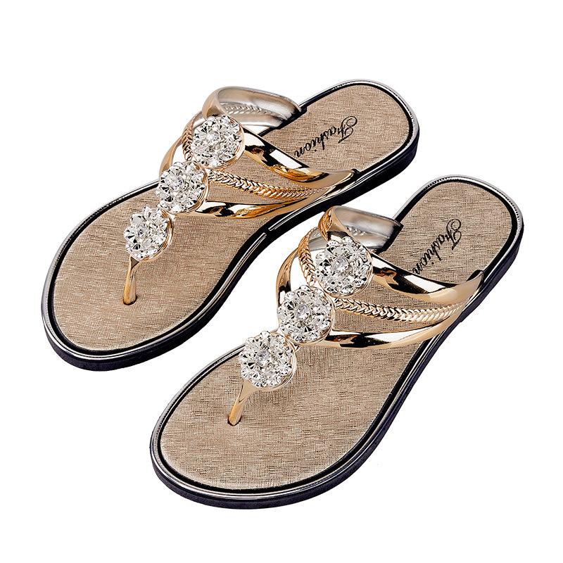 Women's Rhinestone Flip Flops, Summer Glittering Sandals with Round Diamonds, Comfortable Flat Sole Thong Sandals for Beach, Vacation