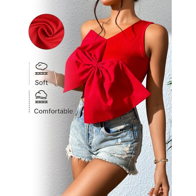 

Женская футболка весна-лето повседневная сексуальная с бантом на одно плечо с коротким рукавом XL красный