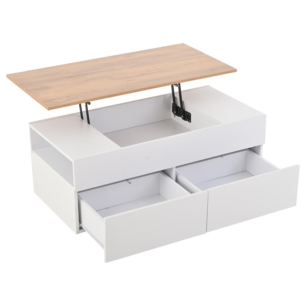 100*50*40cm Height-Adjustable Coffee Table with Hidden Storage, 2 Drawers, Semi-Open Storage, in White + Wood Color