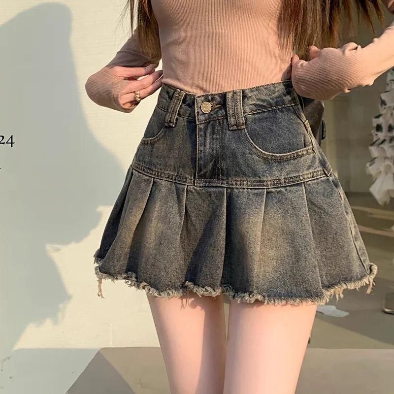 

Women s Spicy Girl Retro High Waist Pleated Denim Skirt - Slimming, Anti-Exposure, Hip-Hugging A-Line for Summer L