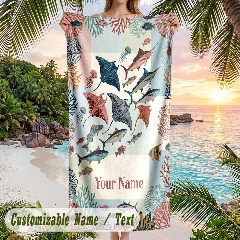 Ocean Life Adventure 2 Theme Quick Dry Beach Towel Custom Name Text Print Large Sand Resistant Towel Beach Vacation