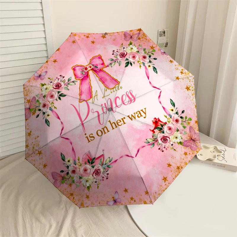 1pc Princess Flowers Automatic Folding Umbrella, Heavy Duty 8 Rib Iron Frame,  Suitable for Travel, Daily Use, Birthday, Decor Gift M0104039