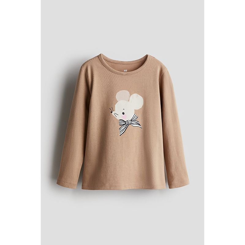 

HM Детская одежда Футболка для девочки Осень Принт Девочка Длинные рукава Осень Нижнее белье Топы 0922700 Beige/Mouse 130/64((6-8Y))