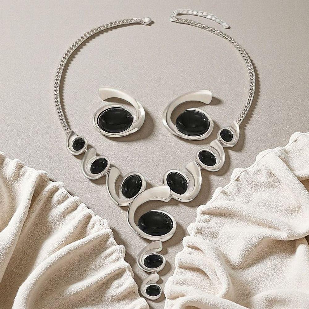 Adjustable Spiral Snail Clavicle Chain Geometric Oval Charm Bridal Jewelry Necklace Earrings Set