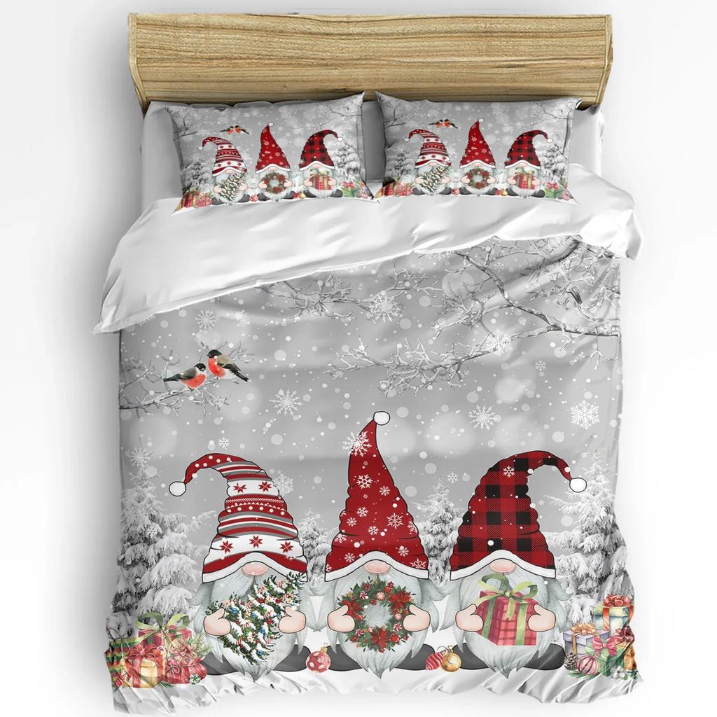 Christmas Snow Bedding Set Snowflakes Gnome Duvet Cover Set 3Pcs Bedding Set For Single/Twin/Full Size Christmas Decoration