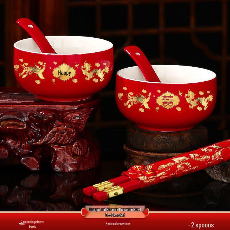 Red Wedding Bowls & Chopsticks Set - Bride's Dowry