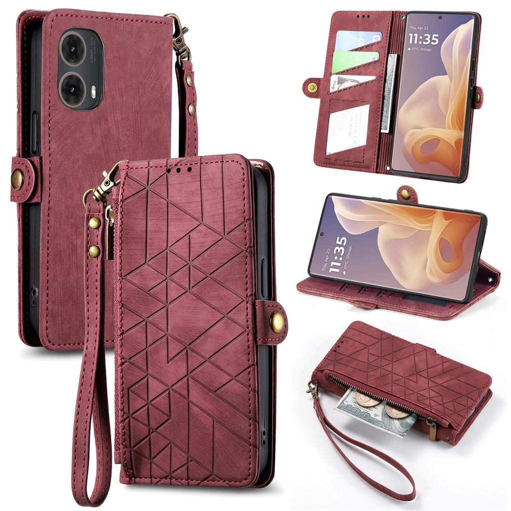For Motorola Moto G85 5G/S50 Neo 5G Zipper Wallet Case Geometry Lines Leather Phone Cover with Strap