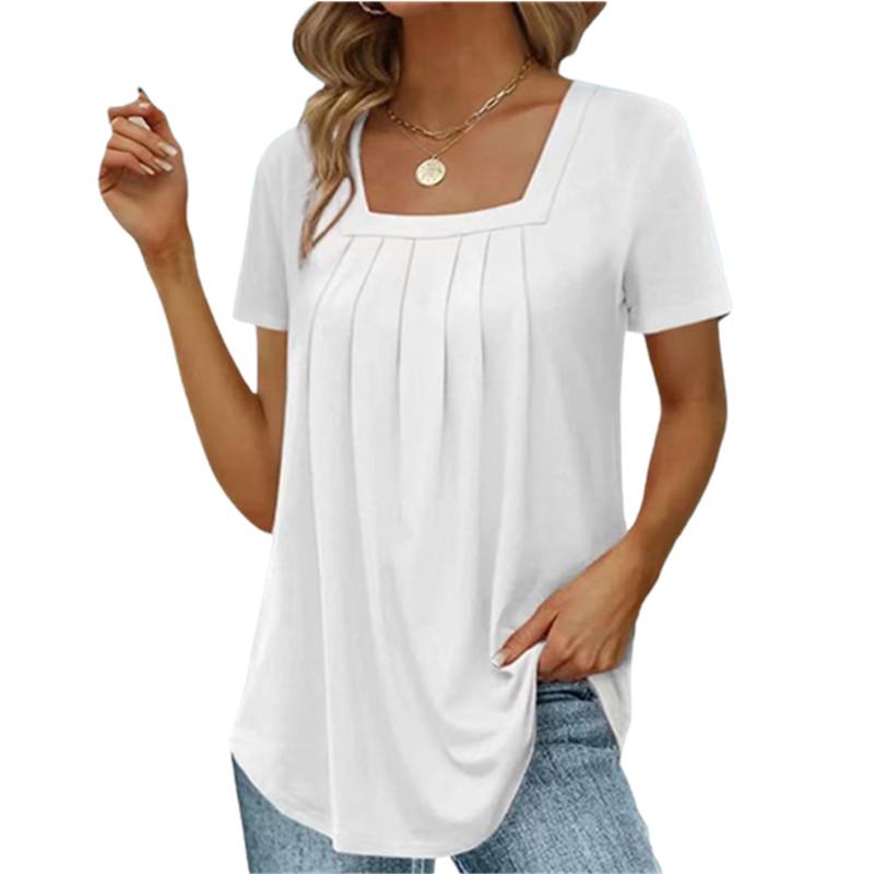 T-shirt Carré Plissé Élégant d'Été pour Femme Mode Décontracté Manches Courtes Hauts Amples Féminins Sexy pour le Travail Vêtements