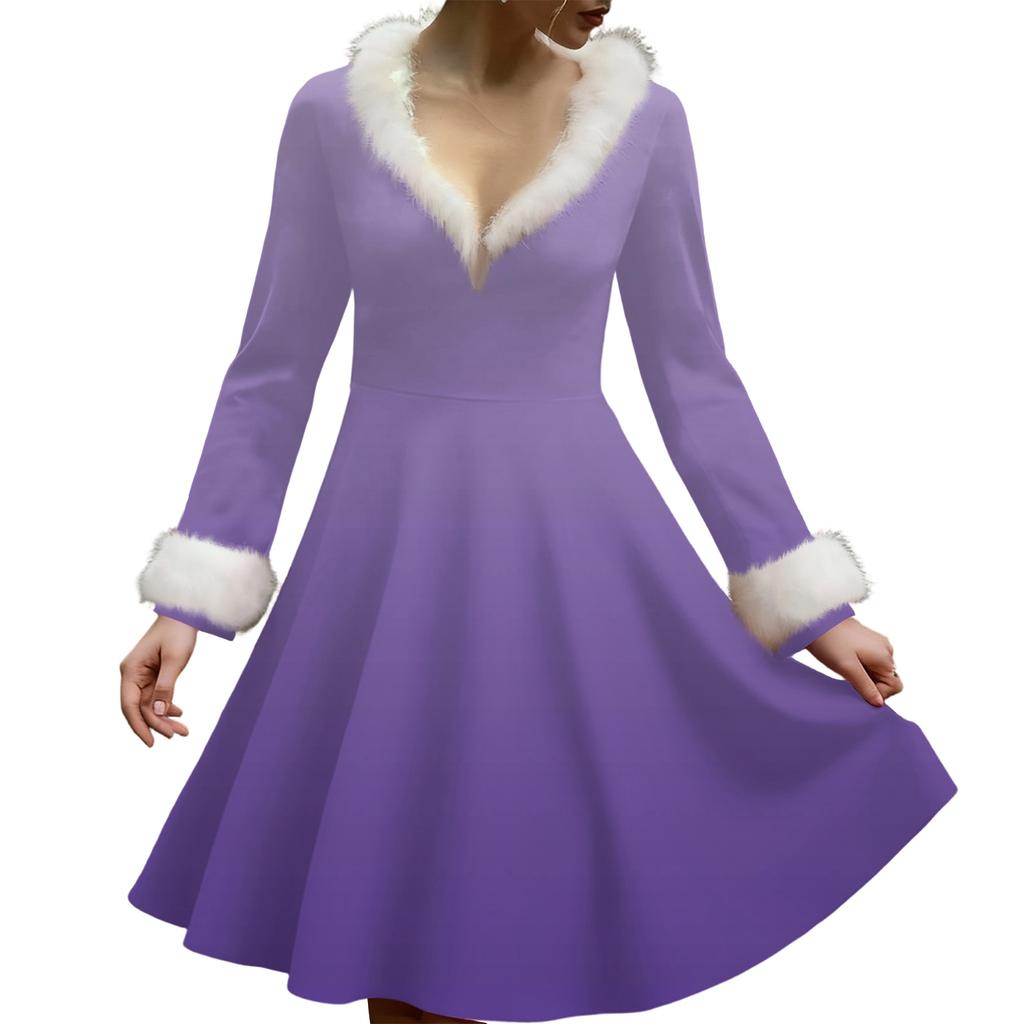 Women's Casual V-neck Christmas Print Plush Long-Sleeve Casual Dress