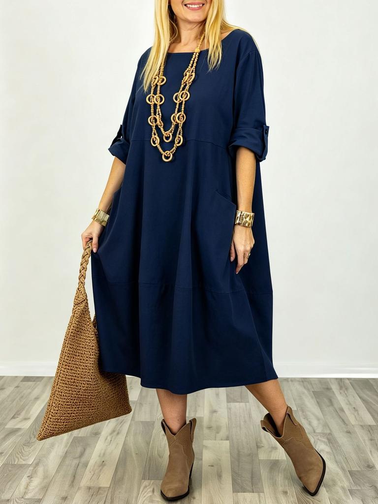 European and American cross-border plus-size women's 2026 summer new loose crew neck patchwork five-quarter sleeve solid color women's dress