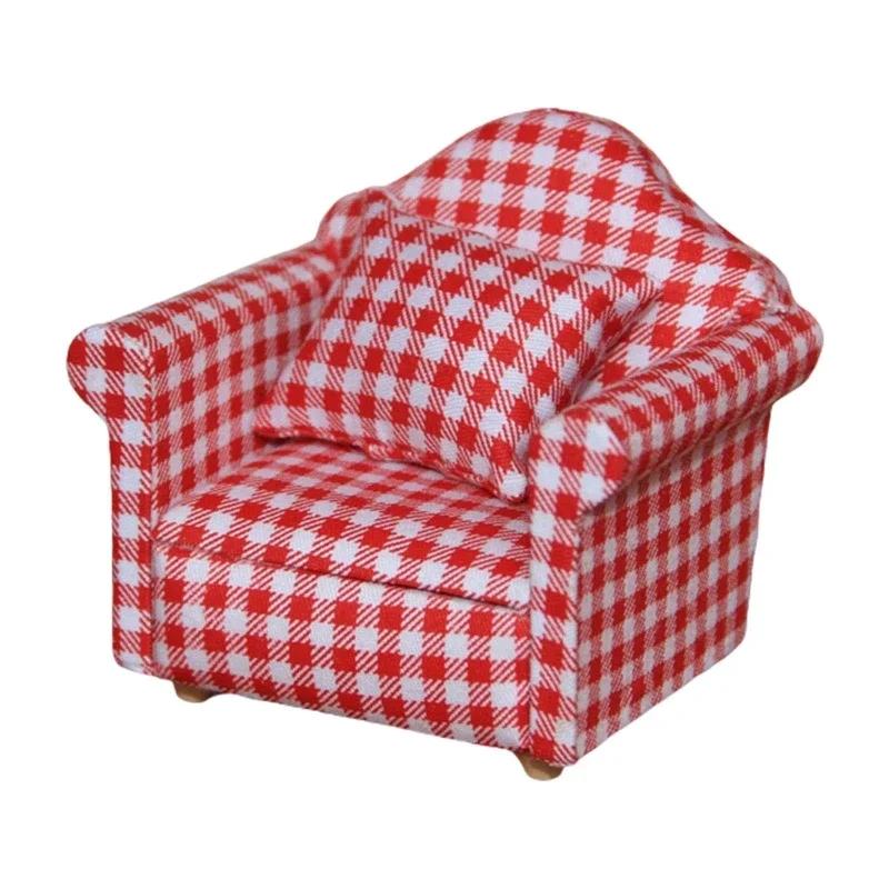Rural Style Armchair Mini Sofa Dollhouse Miniature Sofa & Throw Pillow Set Wooden Simulation Furniture Girls Decoration Crafts
