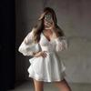 Women's V Neck Long Sleeve Mini Dress Slim Fit Mid Rise Solid Color Mesh Spliced Ruffle Hem Elegant Summer Club Skater Dress