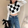 Autumn Sweater Women's Knitted Sweater Checkerboard Pattern Sweater Women's Half High Collar Long Sleeved Knitted Short Sweater