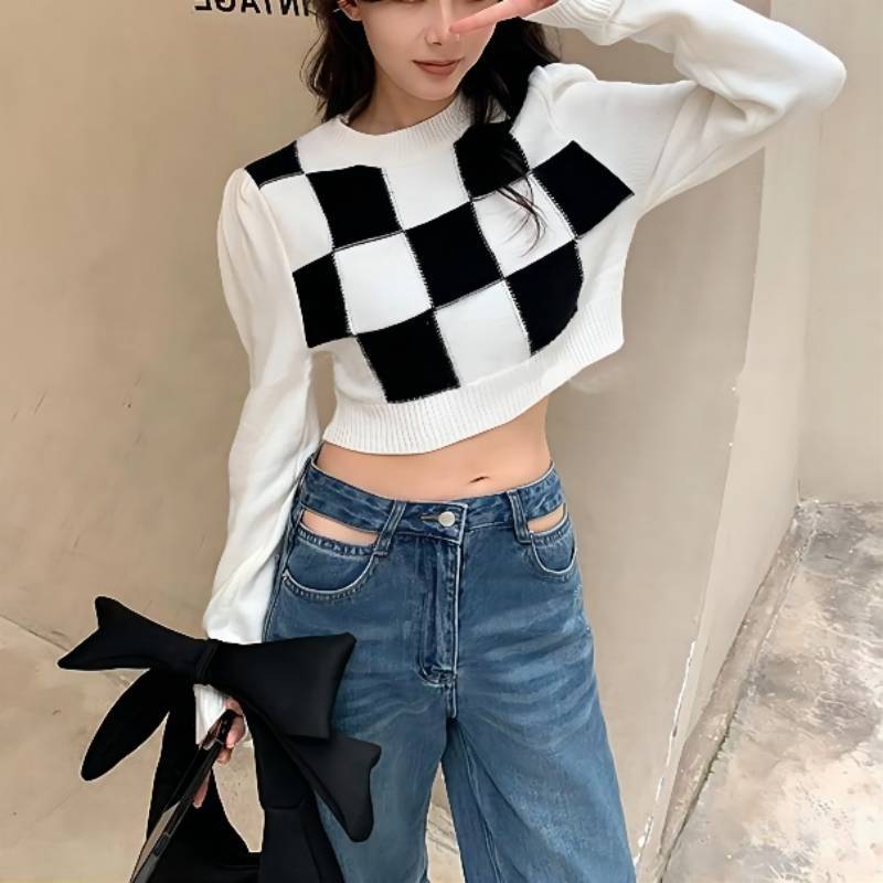 Autumn Sweater Women's Knitted Sweater Checkerboard Pattern Sweater Women's Half High Collar Long Sleeved Knitted Short Sweater