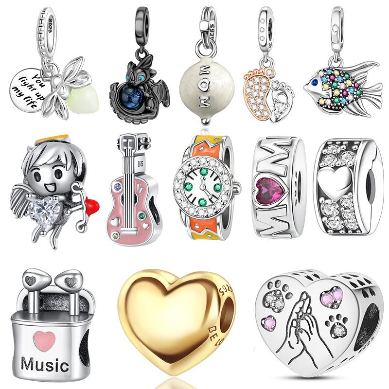 925 Silver Luminous Firefly Love Guitar Beads Pendant Fit Bracelet DIY Women Jewelry Gift