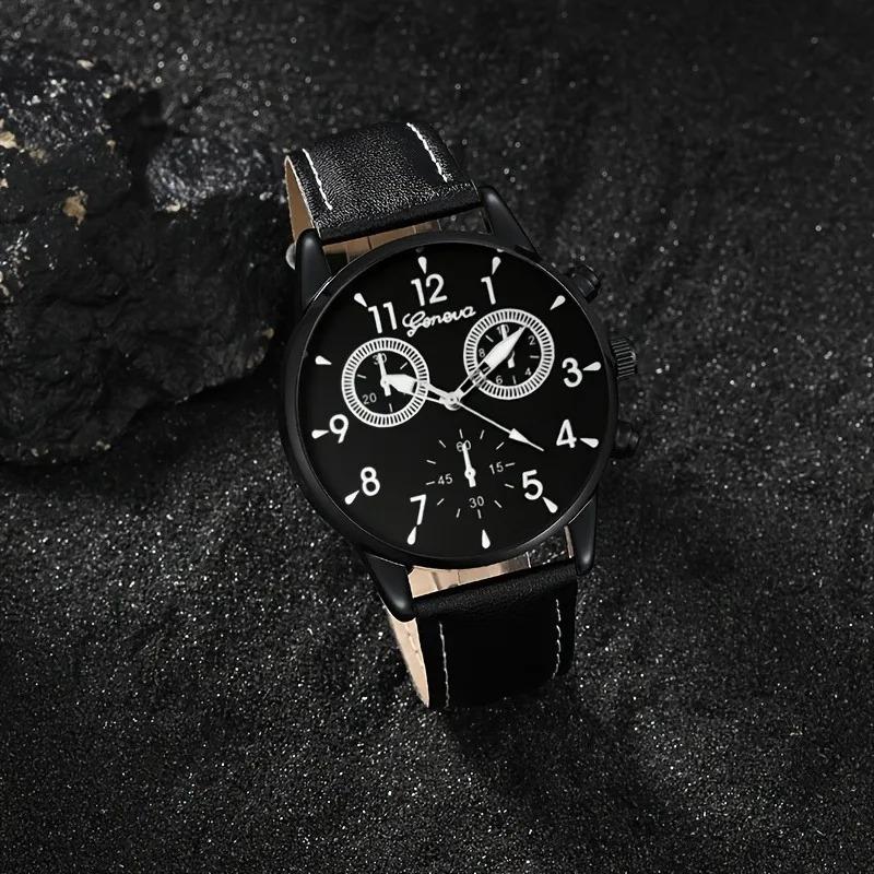 Stylish Men's Quartz Trio Watch Round Case PU Leather Strap Alloy Case Electronic Drive - 3 Piece Combination Watch