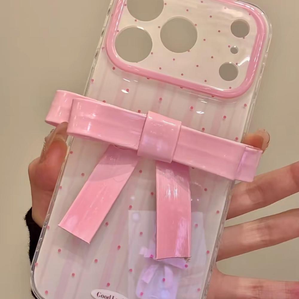 Korean Style Polka Dot 3D Pink Bow iPhone 17 Pro Max Case Creative Design 14 Pro Cover Fashion Full Edge Protection
