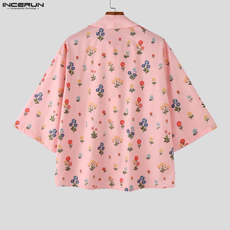 INCERUN Men Lapel Neck Short Sleeve Floral Print Striped Patchwork Casual Summer Shirts Tops