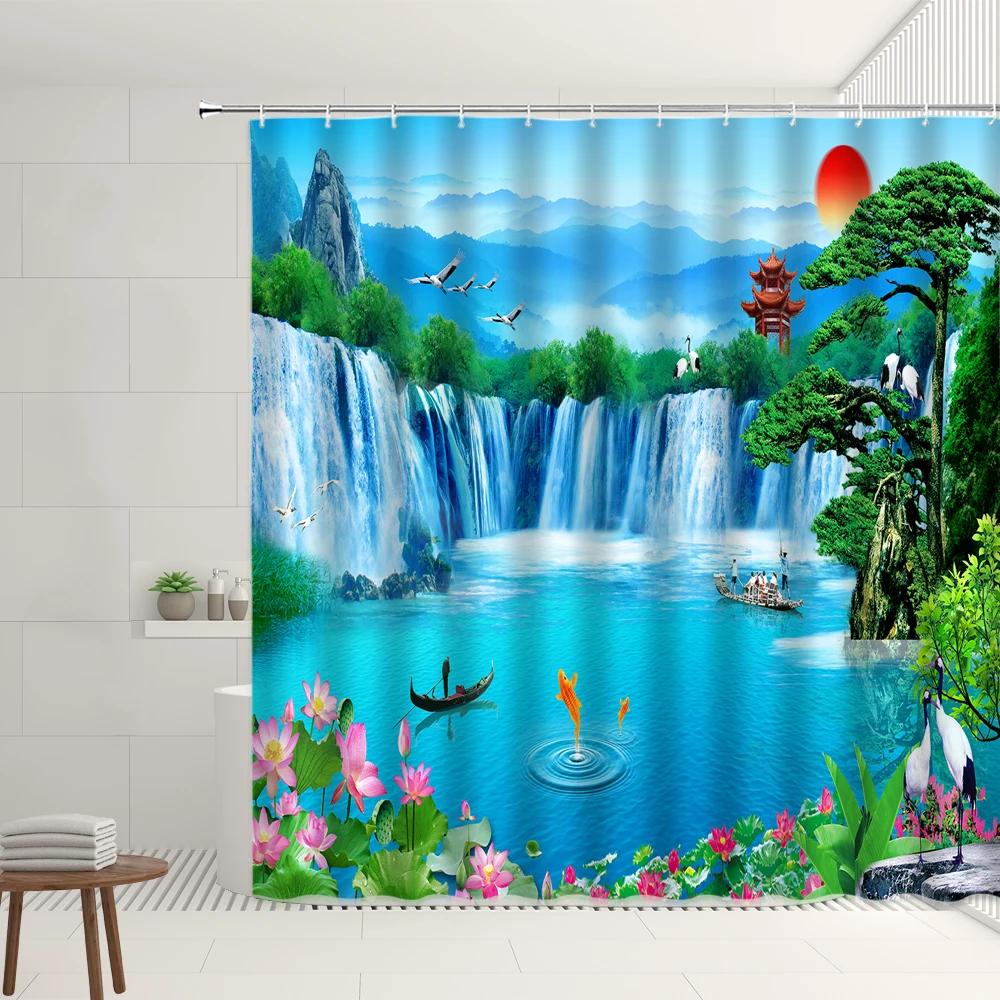 Chinese Landscape Shower Curtain Sets Mountain Waterfall Sunrise Flower Plant Residence Decorations Bathtub Screens With Hooks