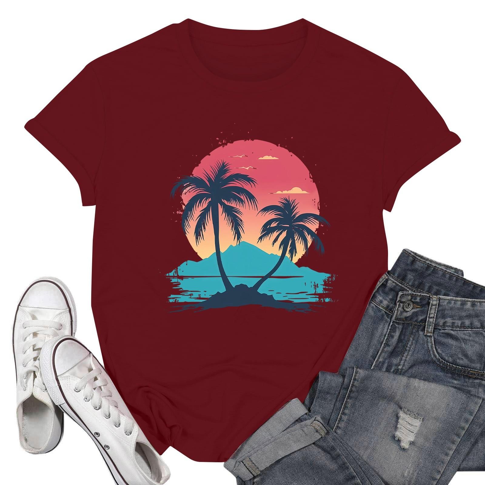 

Женские модные повседневные пуловеры с короткими рукавами и круглым вырезом с принтом M винный