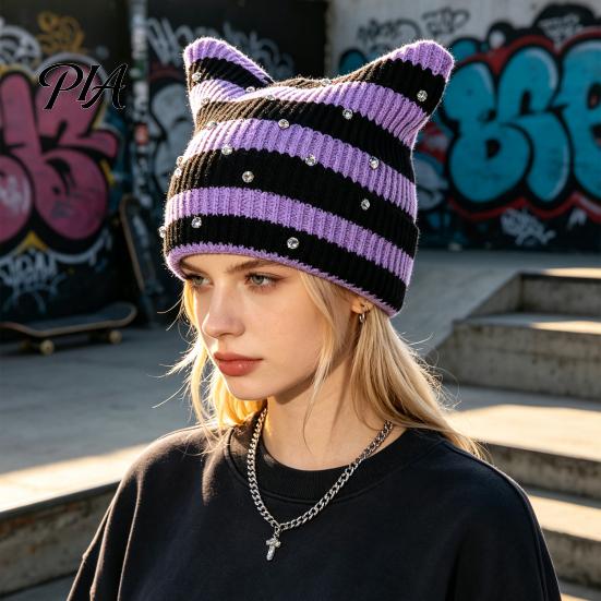 Warm Winter Gift for Her Cat Ear Hat Women Girls, Striped Slouchy Crochet Headgear Cute Animal Cap with Shiny Rhinestones, Knitted Playful Accessory