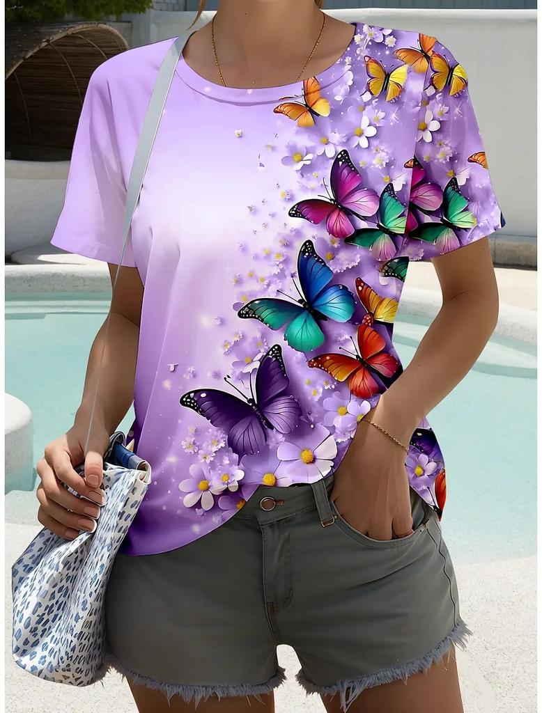 Plus Size Fashion Women's TShirt Beautiful Butterfly Stylish 3D Printed Flowers Casual Short Sleeved Crew Neck Tees Regular Tops