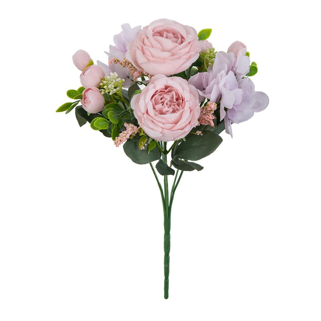 White Green Artificial Flower Bouquet, Fake Silk Roses & Peony with Eucalyptus for Home Wedding Decor