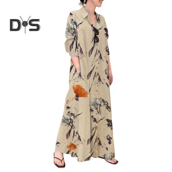 

Женское платье макси с цветочным принтом, застегивающееся на пуговицы, с длинным рукавом, платье-рубашка, отворот с V-образным вырезом, свободное платье с карманами XXXXL абрикосовый