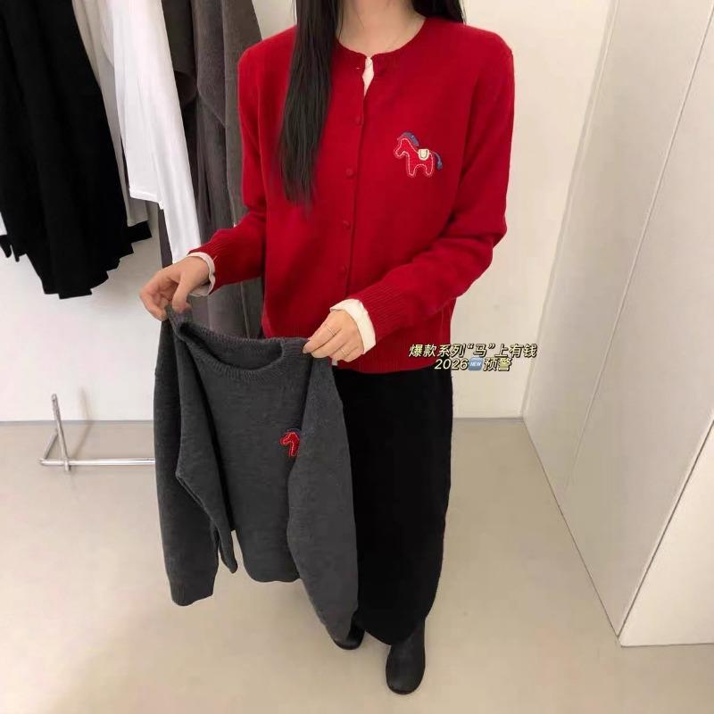 Осенне-зимний новый стиль, круглый вырез, вышитый пони, двойная планка, свободный, мягкий, восковой, вязаный кардиган для женщин, модный Onesize