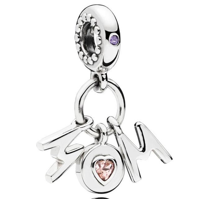 Plata de Ley S925 Original Cuentas Charms Corazón Amoroso Mamá Te Quiero Letras Felices Colgante Apto para Pulsera de Moda Joyería DIY
