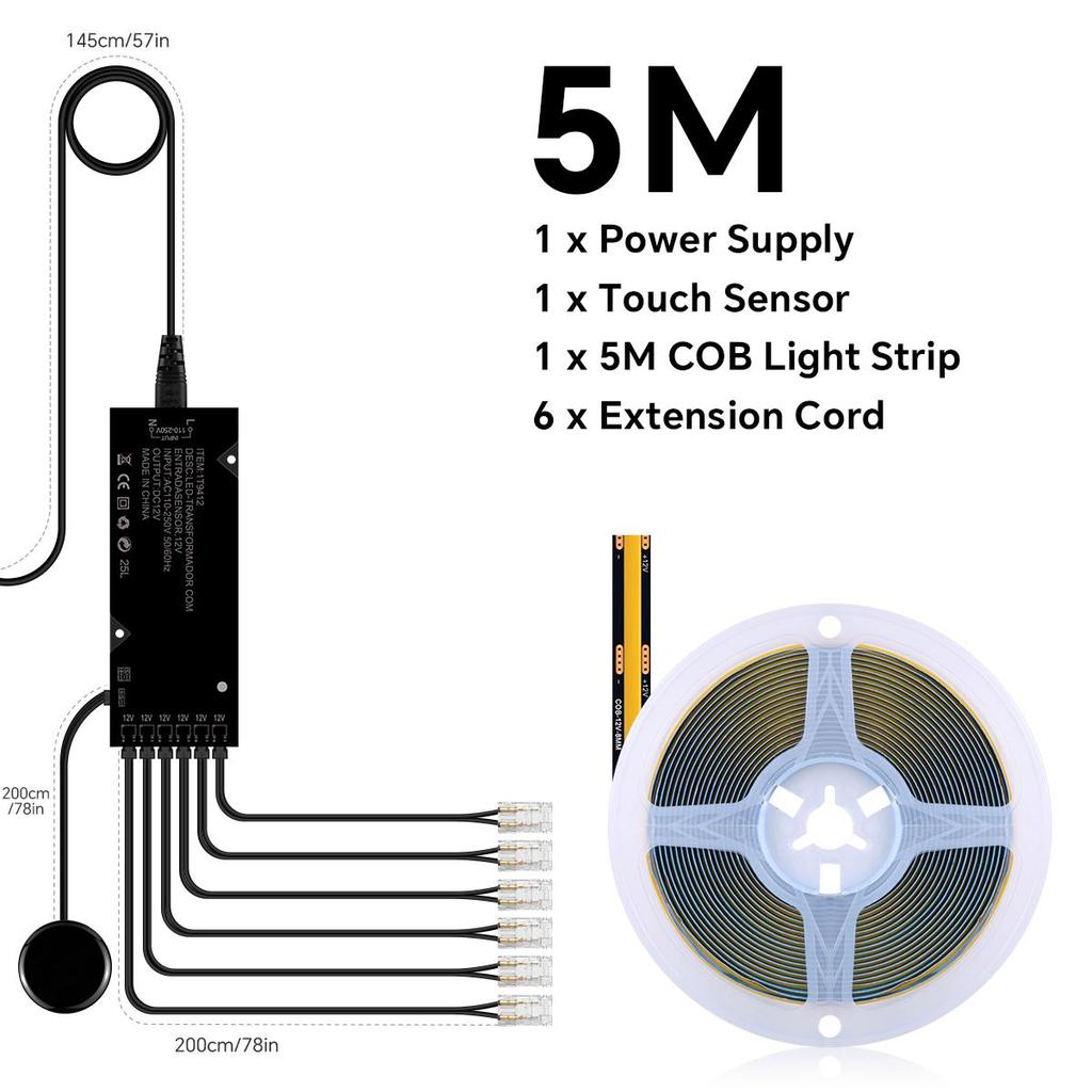 TV Wall Panel Lighting Kit Cuttable COB LED Strip Light With Touch Sensor Dimmer Switch DIY Display Cabinet Shelf Lamp