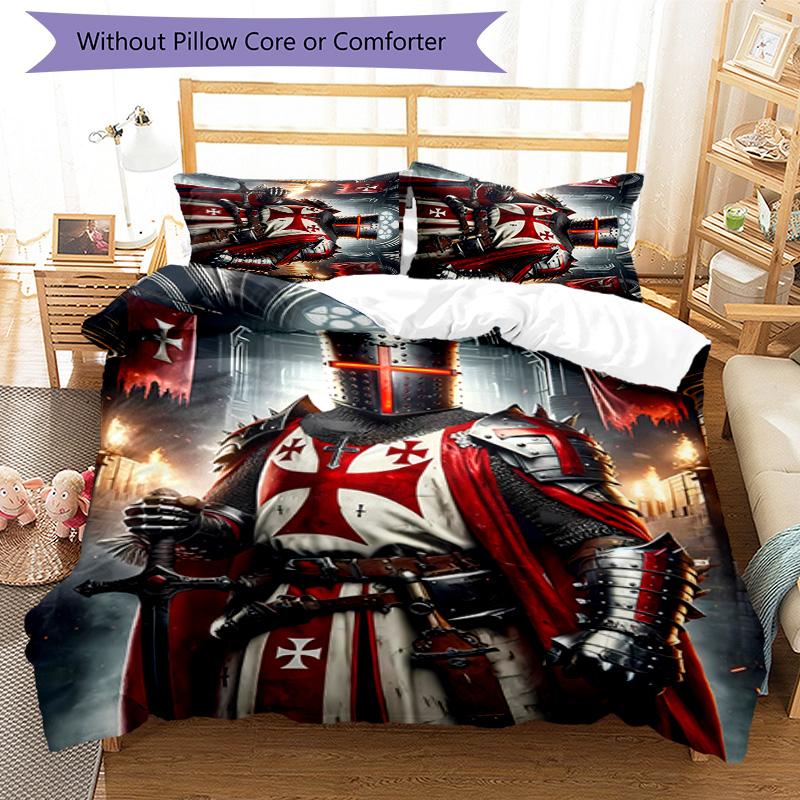 3pcs Knights Templar Pattern Bedding Set Duvet Cover Set Includes Duvet Cover &pillowcases, Perfect All Season Bedroom Decoration & Gift