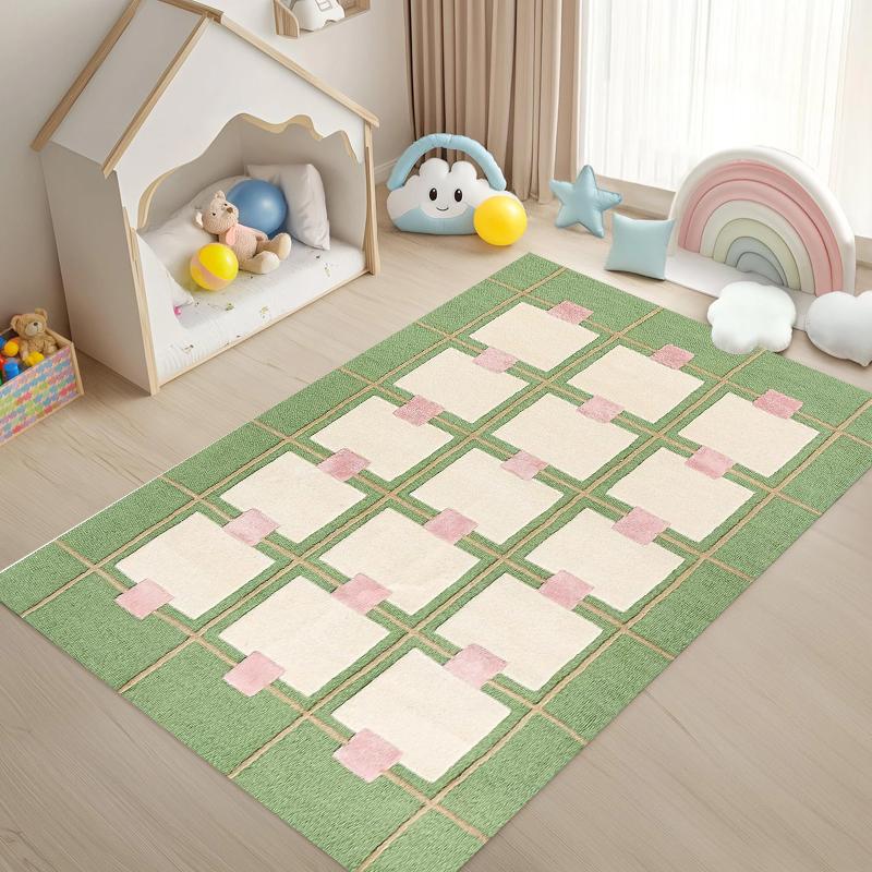 

Boho Checkered Kids Area Rug Green Pink Geometric Print NonSlip Floor Mat for Playroom Nursery Living Room Cute Home Decor 40X60CM