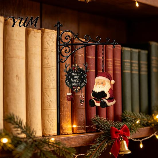 Santa Elk Snowman Ornament 2PCS Christmas Bookshelf Lamp, Resin Claus Hanging Room Accent Light, Multi-Color Lighting Wall Mounted for Holiday